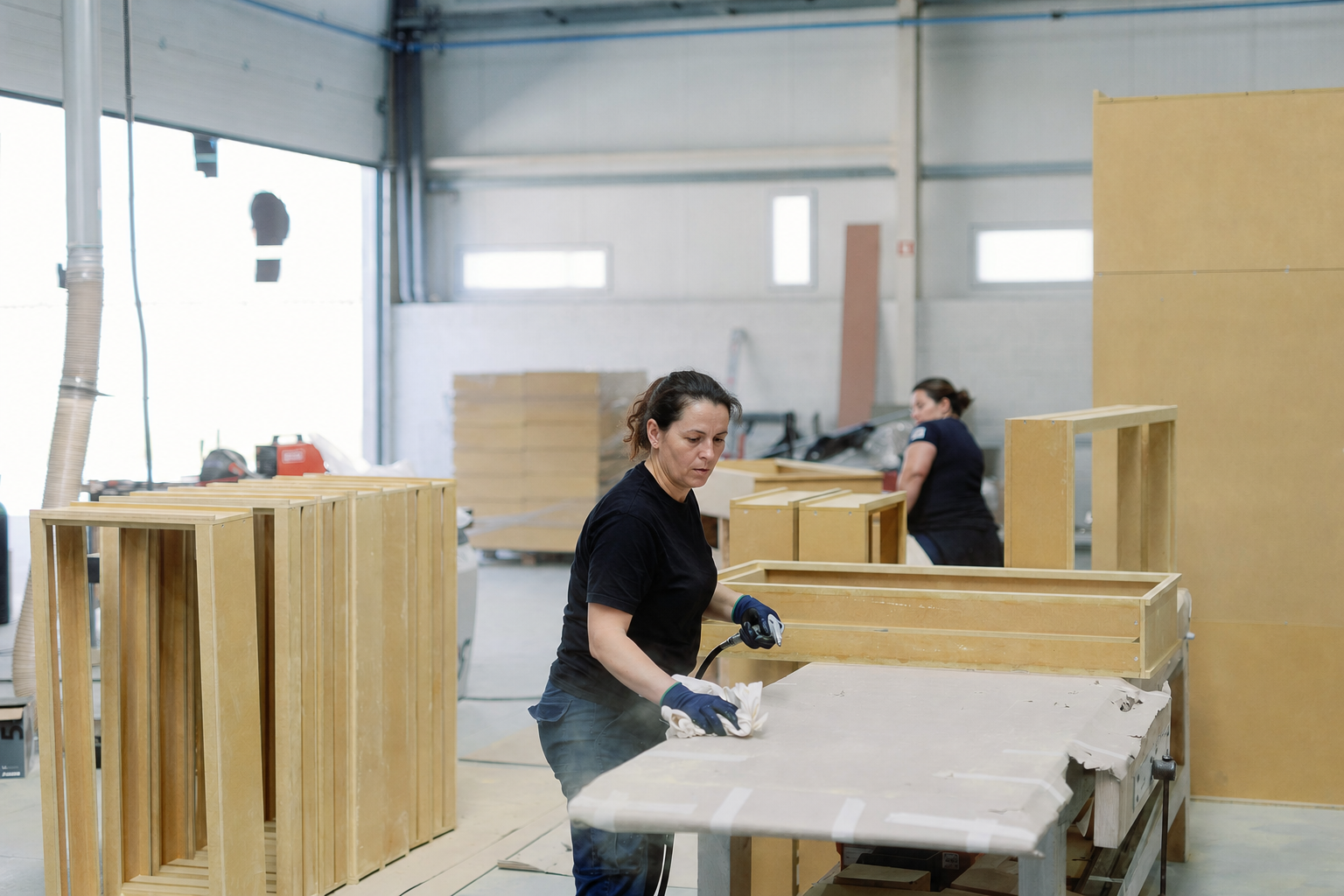 Cabinet frames being assembled by a technician in the workshop